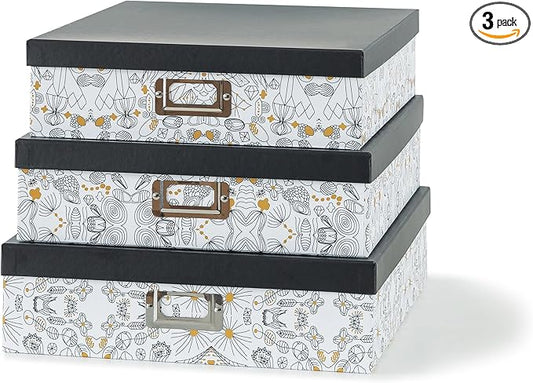 SLPR Decorative Cardboard Storage Boxes With Lids for Home Décor, Set of 3 Pretty Black and Gold Photo Storage, Memory Boxes For Keepsakes, Documents, Letter Papers, Organizing