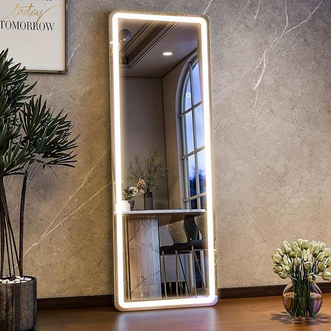 HARRITPURE LED Full Length Mirror - 64"x21" Rounded Corner Floor Mirrors with Stand, Large Standing Mirror with Lights for Bedroom/Cloakroom -Dimmable & 3 Color Lighting/Wall Mounted