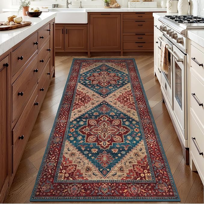 Tangsoo 2x5 Washable Runner Rug for Hallways, Non Slip Vintage Runner Rug, Soft Low Pile Long Rug Runner, Print Distressed Carpet Runners for Kitchen Bedroom Entryway Bathroom Living Room Red/Blue