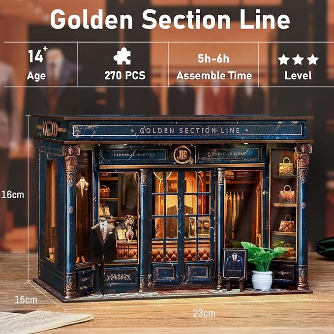 DIY Book Nook Kit - DIY Miniature Dollhouse Kit 3D Wooden Puzzles Gentleman's Clothing Store, Tiny House Bookshelf Decor with LED, Gift for Adults Teens - Golden Section Line