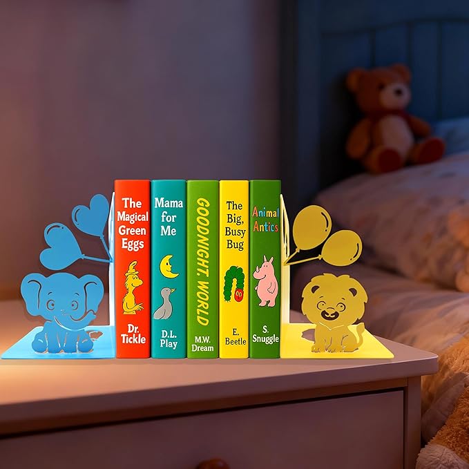 Animal Bookends – Cute Lion and Elephant Book Ends Decorative for Shelves, Safari Nursery Decor Kids Bookends, Unique Novelty Book Holders Heavy Duty Book Stopper for Home Bookshelf Decor