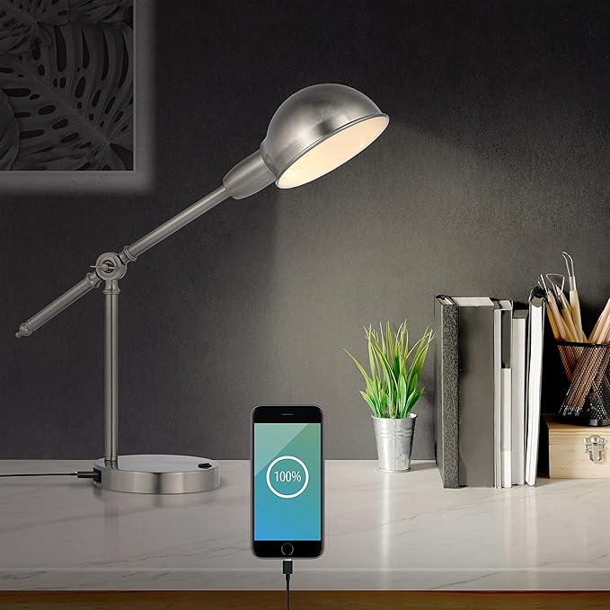 JONATHAN Y JYL7123B Curtis 20.25" Iron Adjustable Dome Shade LED Task Lamp, USB Charging Port, Classic, Coastal, Industrial, Vintage, Farmhouse, Traditional for Bedroom, Living Room, Office, Nickel