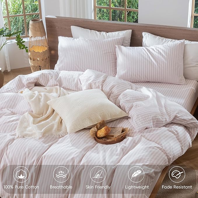 MooMee Striped Duvet Cover Set 100% Washed Cotton Linen Like Textured Breathable Durable Soft Comfy (Heathered Greyish Pink Classic Stripes, Queen 90"x90")