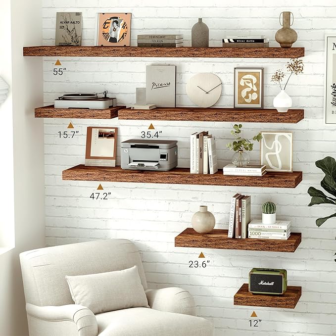 Vivelove 12" Deep Floating Shelves for Wall, [Wood Grain Texture] 35.4" Long Wall Shelves for Living Room Bedroom Bathroom Kitchen Office, Farmhouse Rustic Shelves Home Decor, Set of 2, Rustic Brown