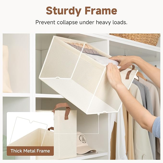 StorageWorks Storage Bins, Shelves Baskets for Organizing, Large Fabric Closet Organizers with Handles, Metal Frame, Beige?Texture?, 2-Pack