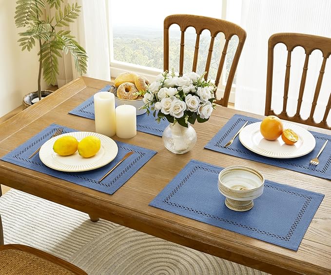 Burlap Placemats Set of 6, 12 x 18 Inch Rustic Geometric Hollow Place Mats, Heat Resistant Placemats for Farmhouse Kitchen Table Decor, Blue 6PCS