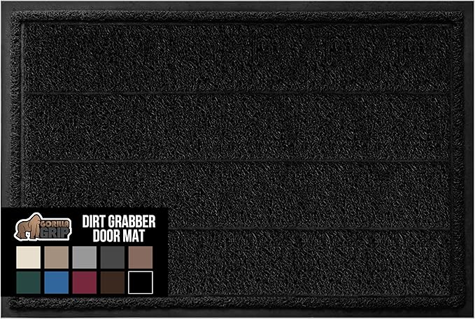 GORILLA GRIP Dirt Grabber Mesh Doormat, Low-Profile, Stain and Fade Resistant Heavy Duty Quick Dry Striped Doormats, Mats for Indoor or Outdoor Entry, Shoe Scraper, Garage Entrance Mat, 47x35, Black