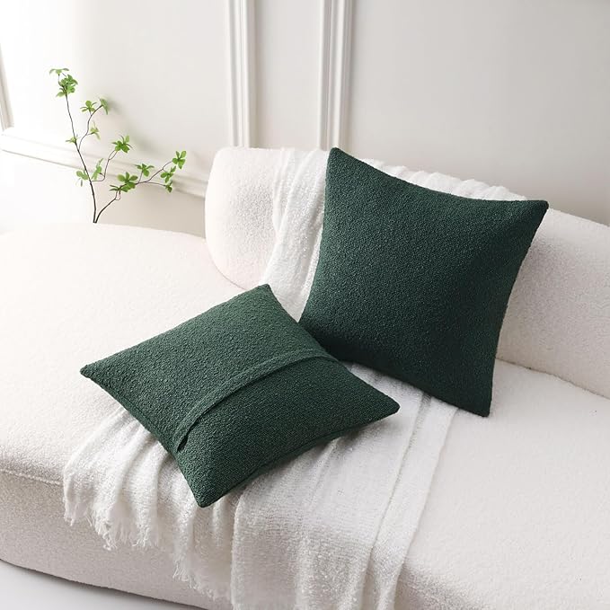 FUTEI Pack of 2 Dark Green Decorative Throw Pillow Covers 18x18 Inch Soft Cozy Solid Boucle Textured Cushion Case,Modern Home Decor for Couch Bed Living Room
