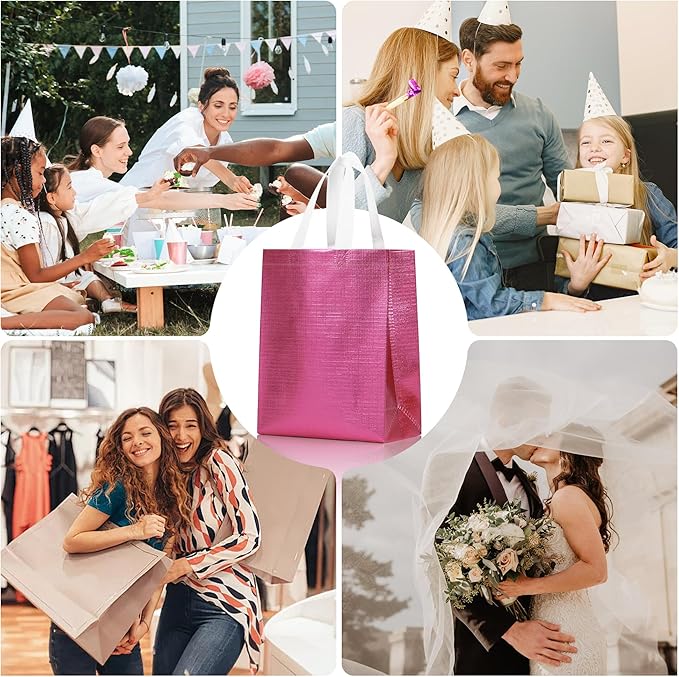 cabzymx 16 Pcs Metallic Bling Small Gift Bags Bulk with Tissue Paper, Glossy Pink Reusable Party Favor Bags for Birthday, Wedding, Christmas, Parties- 10.2x3.9x8.3 In