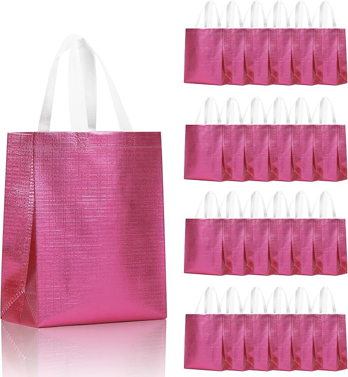 cabzymx Pink Small Reusable Gift Bags with Metallic Design, 25 Pcs Return Gift Bag Bulk for Wrapping Gifts, Birthday, Wedding, Parties-10.2x3.9x8.3 In