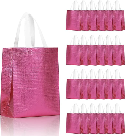 cabzymx Pink Small Reusable Gift Bags with Metallic Design, 25 Pcs Return Gift Bag Bulk for Wrapping Gifts, Birthday, Wedding, Parties-10.2x3.9x8.3 In