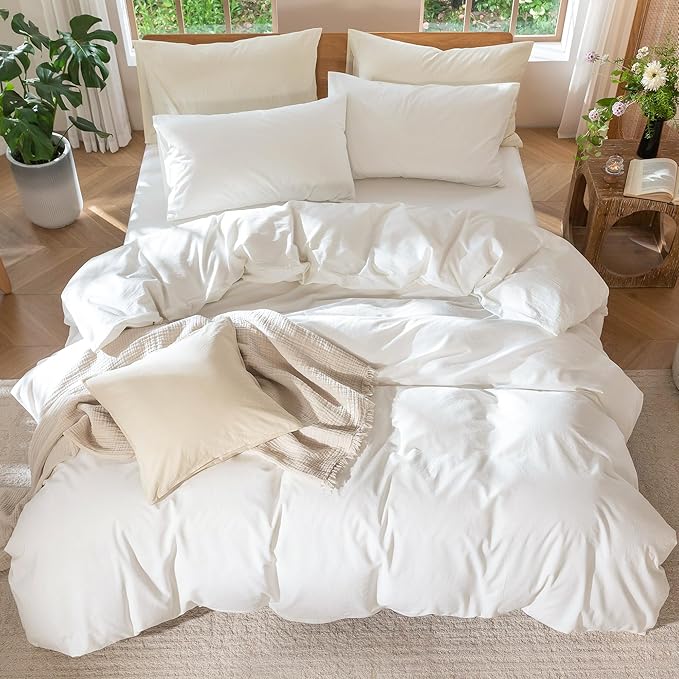 MooMee Bedding Duvet Cover Set 100% Washed Cotton Linen Like Textured Breathable Durable Soft Comfy (Solid Off White, Palatial King/Oversized King 120"x98")