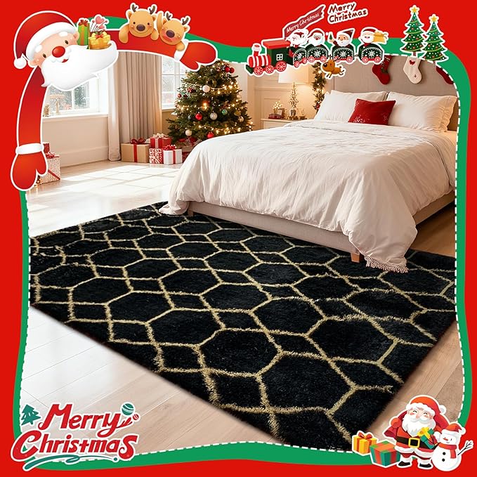 Shag Area Rug for Bedroom 5x8,Fluffy Area Rugs for Living Room,Geometric Soft Fuzzy Rug Non-Shedding Indoor Plush Carpet for Kids Bedroom Nursery Dorm Home Christmas,Black and Gold