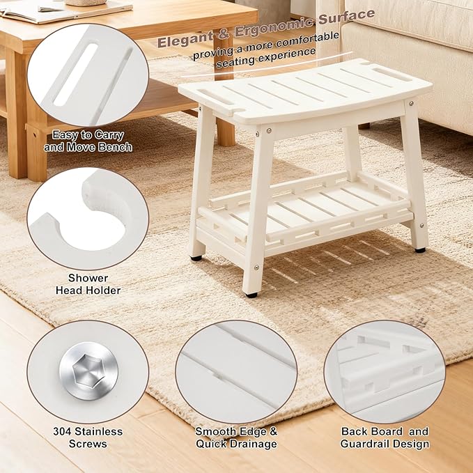 Large HDPE Shower Bench Seat for Shaving Legs, Waterproof Shower Stool with Storage Shelf for Bathroom, White