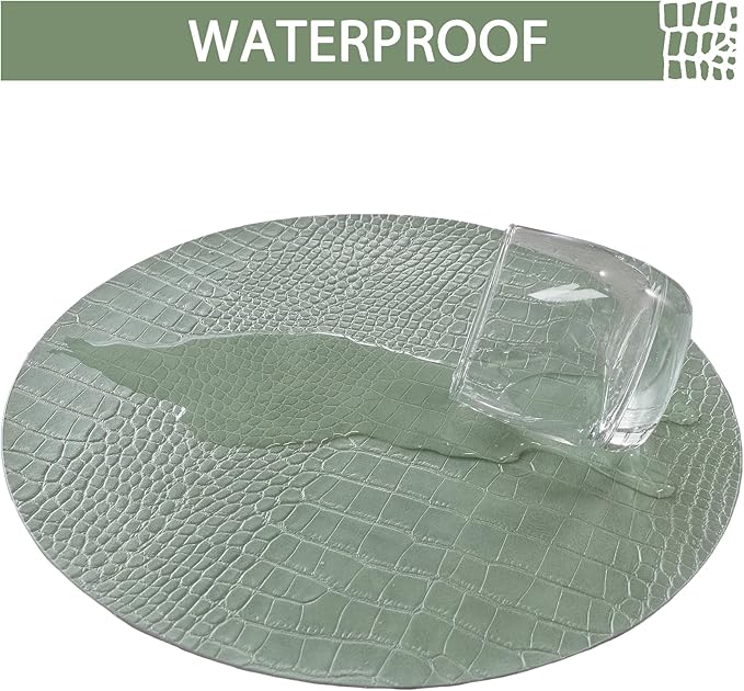 Jovono Round Leather Placemats for Round Tables Set of 4, Green Place Mats and Coasters, Wipeable Waterproof Heat Resistant Table Mats Easy to Care for Indoor Decor 13 inch Diameter