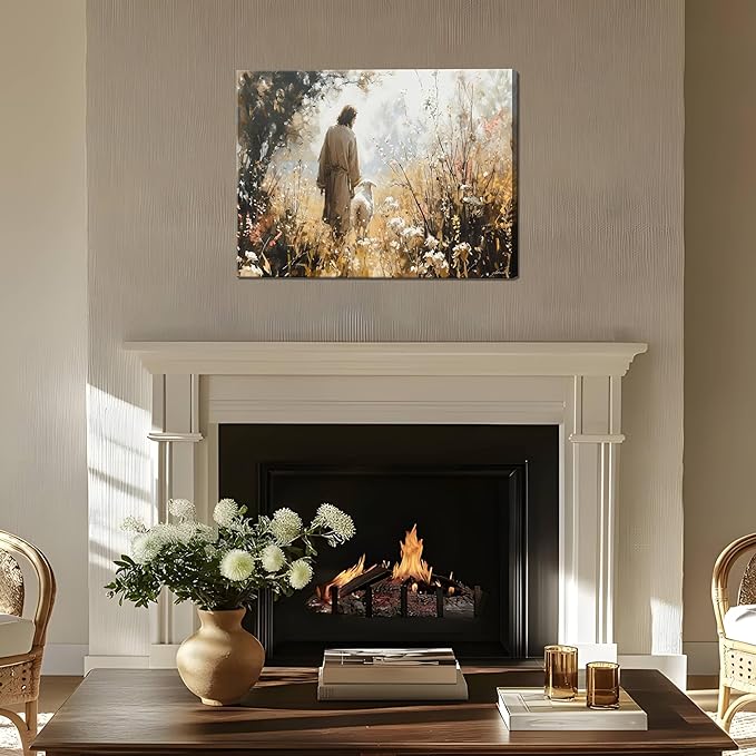 Jesus Leaves The 99 Sheep Canvas Wall Art, Christian Jesus Lamb Wall Decor Paintings, Lost Sheep Religious Bible Posters Prints Pictures for Church Living Room Bedroom 12x16 Inch Framed