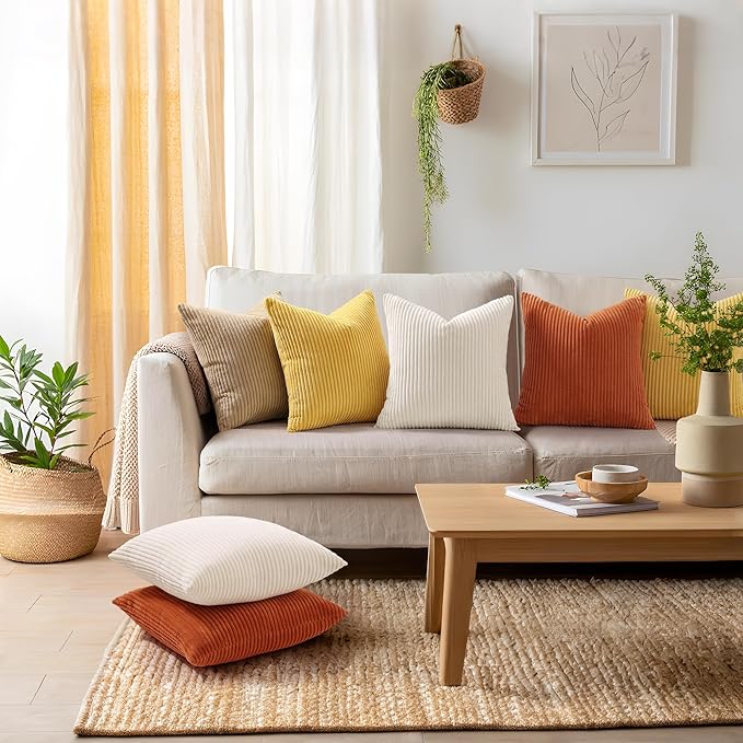 Mecatny Corduroy Decorative Throw Pillow Covers 20x20 Set of 2 for Sofa Living Room, Soft Neutral Boho Couch Pillow Covers for Home Decor, Mustard Yellow