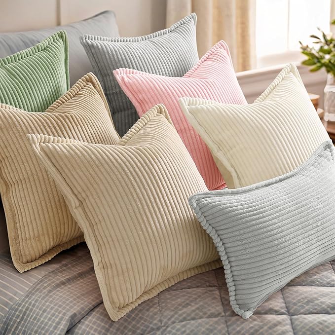 decorUhome Spring Valentines Corduroy Pink Euro Sham Throw Pillow Covers 22x22 Set of 2 Decorative Soft Boho Farmhouse Couch Pillow Covers for Living Room Bed Sofa Broadside Striped Pillow Cases