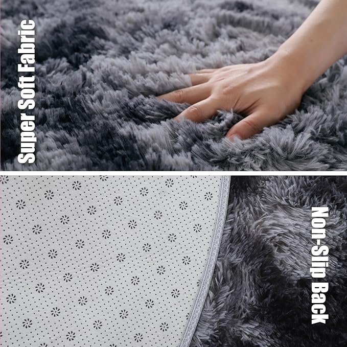 Tie-Dyed Black Fluffy Round Rug,Soft Area Rugs for Girls Room,Shaggy Rugs 5'X5' for Living Room,Non Slip Circle Rug for Kids Bedroom,Shag Plush Nursery Rug,Plush Carpet for Dorm,Cute Furry Room Decor