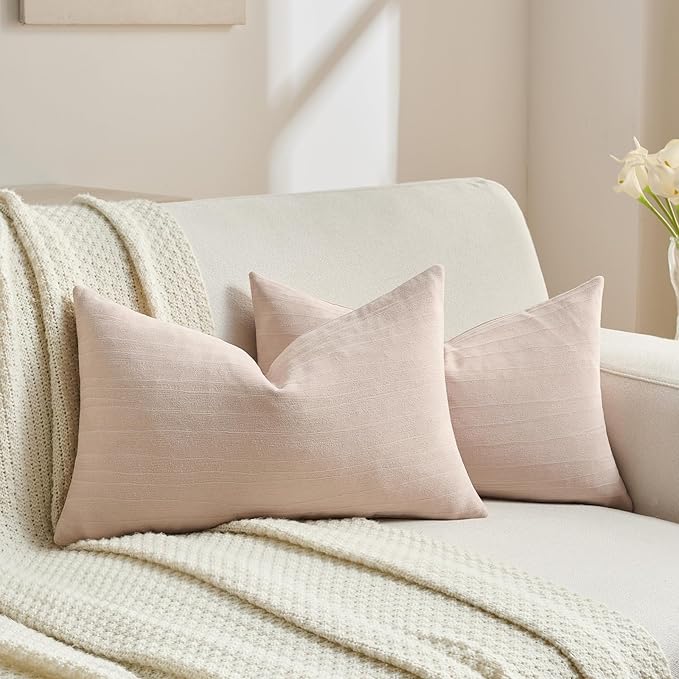 FUTEI Valentine's Day Pink Chenille Decorative Throw Pillow Covers 12x20 Inch Set of 2,Soft Crushed Striped Texture Lumbar Pillow Cases,Modern Home Decor for Couch Bed Living Room