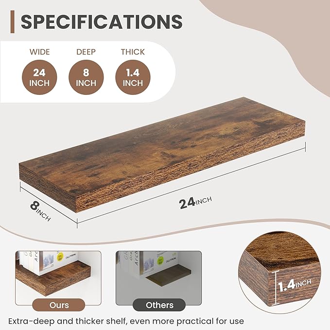 24 Inch Floating Shelves, 8 Inch Deep Floating Shelves for Wall, Hanging Shelf with Invisible Brackets, Deep Shelves for Bathroom, Bedroom, Living Room, Brown, Set of 2