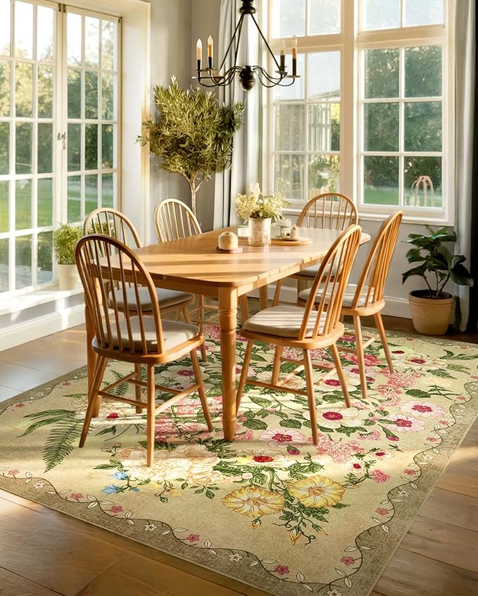 AREAMAY Floral Washable 5x7 Area Rugs - Living Room Rug Non Slip Low Pile Stain Resistant Carpets Indoor Vintage Flower Print Rug for Bedroom Dining Room Kitchen Home Office, Brown