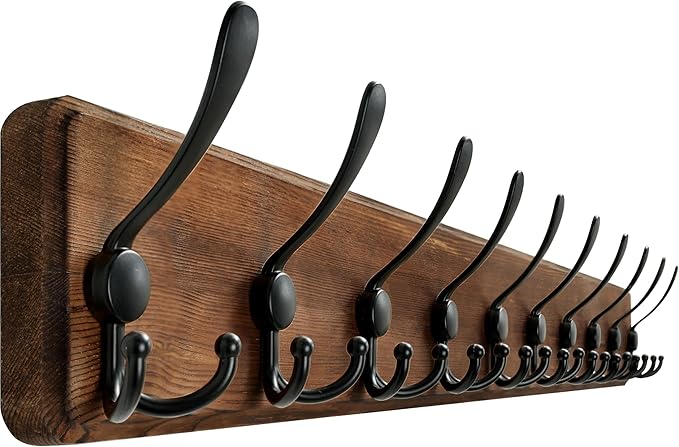 WEBI Coat Rack Wall Mount,38 9/16" Long,10 Hooks,Coat Hooks Wall Mounted,Coat Hanger Wall,Farmhouse Wood Hook Rack Rail,Triple Hooks for Hanging Coats,Clothes,Jacket,Brown