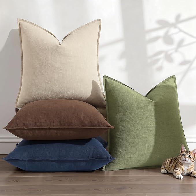 decorUhome Spring Decorative Linen Euro Sham Throw Pillow Covers 24x24 Inch Set of 2 Olive Green Pillow Covers with Flange Edges Soft Farmhouse Boho Accent Pillow Cases for Couch Bed Living Room