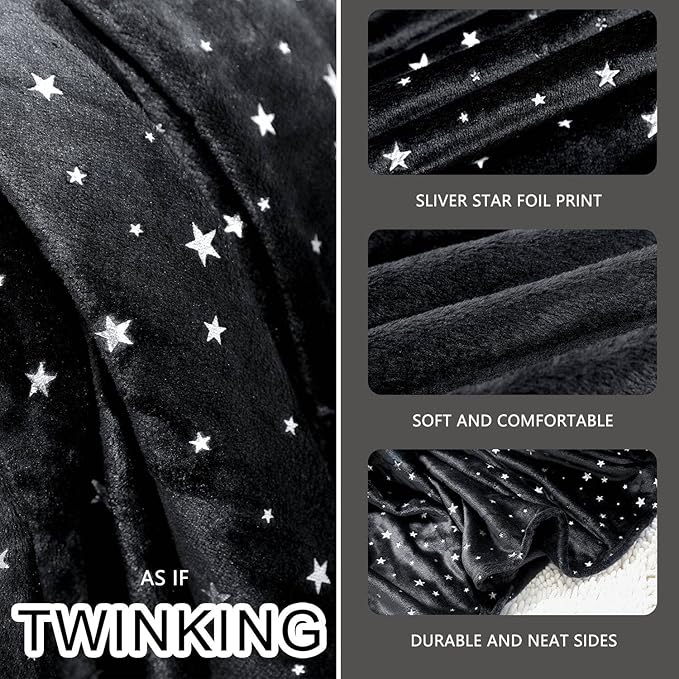 NANPIPER Fleece Blankets Warm Fuzzy Queen Size Blanket,Super Soft Star Foil Print,90"x 90" Black