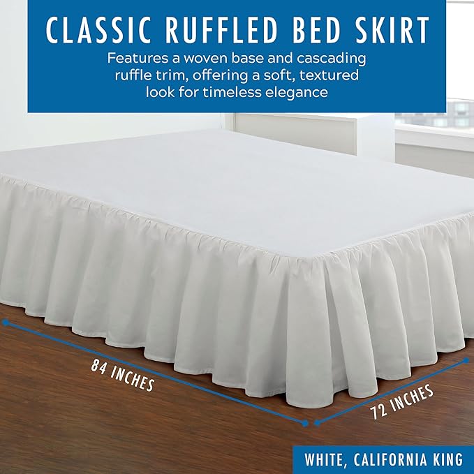 Fresh Ideas Bedding Ruffled Bed Skirt, Classic 14” Drop Length, Gathered Styling, Cali King, White