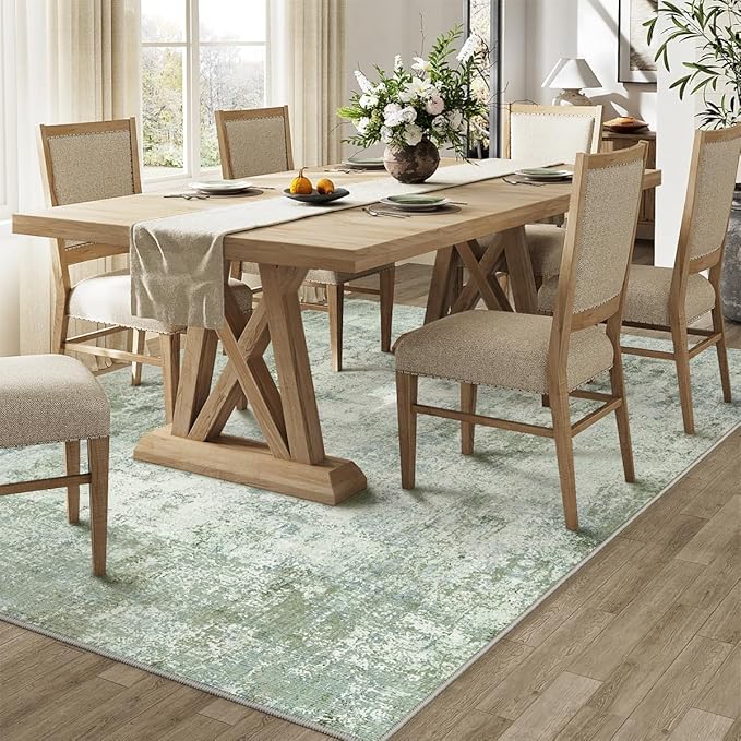 WondRg 6x9 Washable Area Rug Sage Green Abstract Living Room Bedroom Carpet Neutral Modern Non-Slip Soft Low Pile Lightweight Vacuumable Throw Rug for Dining Room Kitchen
