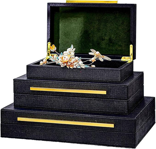 XINSTAR Faux Black Shagreen Leather Decorative Boxes,Decorative Storage Boxes With Lids 3 Pcs Set,Storage Boxes Jewelry Organizer,Women'S Accessory Organizer Men'S Jewelry Organizer