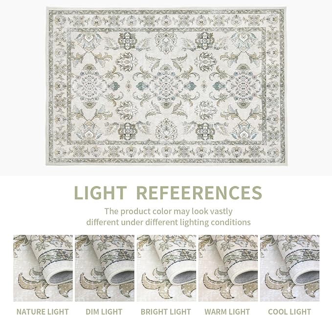 Dotiiorug 8x10 Washable Area Rugs Beige and Sage Green Vintage Boho Floral Farmhouse Rug for Living Room Bedroom, Non Slip Low Pile Carpet