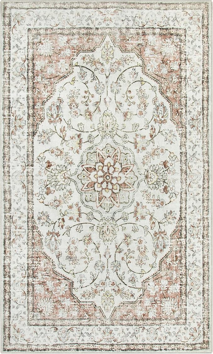 Lahome Oriental Throw Rug,3x5 Kitchen Rugs Non-Slip Washable,Ultra-Thin Boho Entryway Rug Indoor Entrance,Traditional Vintage Bathroom Rugs and Mats Soft for Bedroom Living Room,(3x5ft,Terracotta)