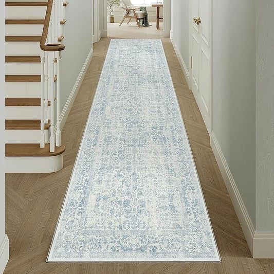 PureCozy Blue Runner Rug 3x14 Hallway Machine Washable Kitchen Vintage Distressed Non Slip Long Carpet Indoor Retro Floral Bedroom Accent Throw Rug for Bathroom Office Laundry Dining Living Room