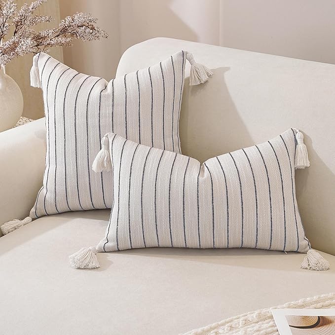 QDTTSRY Decorative Boho Throw Pillow Covers 20x12 Inch Set of 2, Textured Linen Striped Lumbar Throw Pillows with Tassels, Farmhouse Decor Cushion Covers for Couch Bed Living Room, Dusty Blue