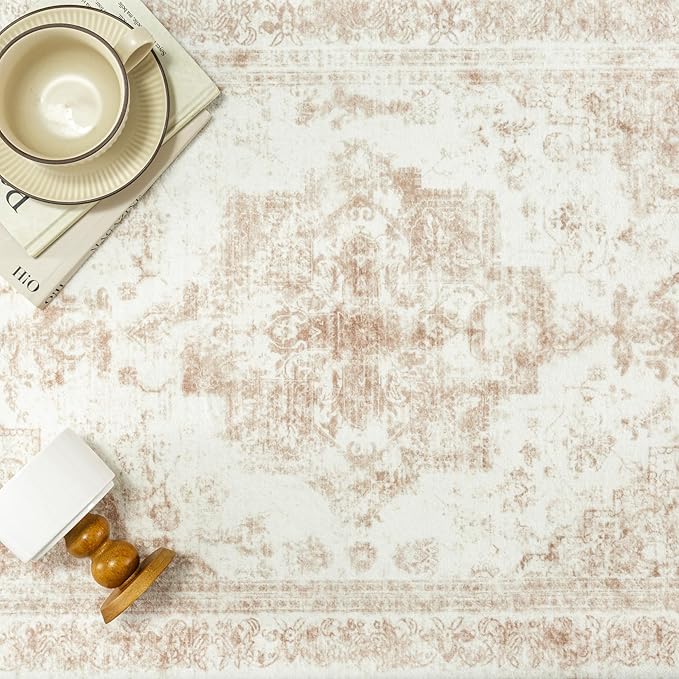 PureCozy Runner Rug 2x8 Cream Hallway Washable Beige Carpet Non Slip Vintage Medallion Beige Carpet Low Pile Soft Distressed Retro Indoor Long Rug for Entryway Kitchen Bathroom Laundry Bedroom
