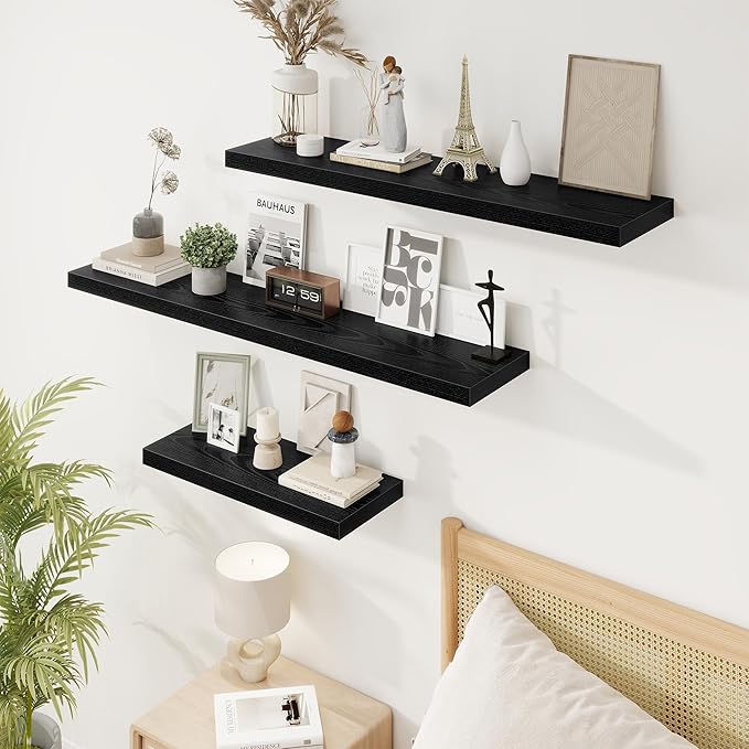 24in Floating Shelves for Wall, 24"W x 9.25"D x 1.25"H, 2 Pack Long Wall Mounted Engineered Wood Shelves with Invisible Brackets for Living Room, Bedroom, Bathroom, Kitchen Decor and Storage, Black