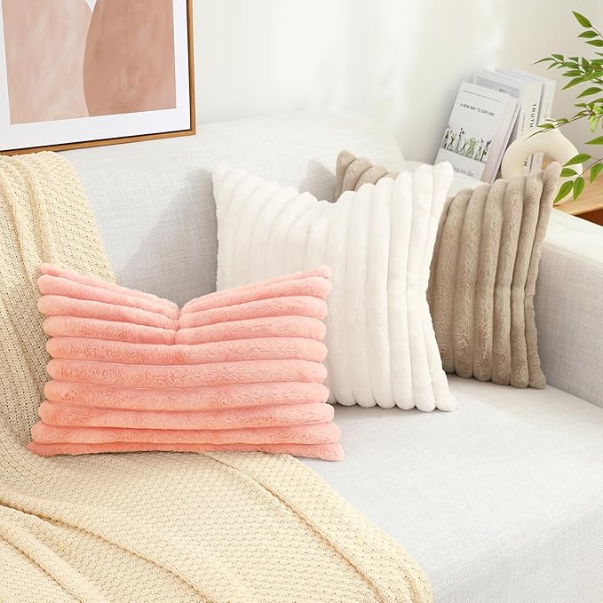 decorUhome Faux Fur Spring Throw Pillow Covers 12x20 Set of 2 Decorative Soft Plush Striped Lumbar Neutral Couch Pillow Covers with Velvet Back for Sofa Bed Living Room Home Valentines, Blush Pink