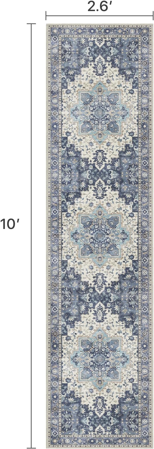 BESBLEE 2'6''x10 Runner Rugs for Hallway, Machine Washable Non Slip Vintage Rugs, Low Pile Lightweight Soft Print Rug for enrtyway, Corridor, Home Office, Kitchen, Center Blue