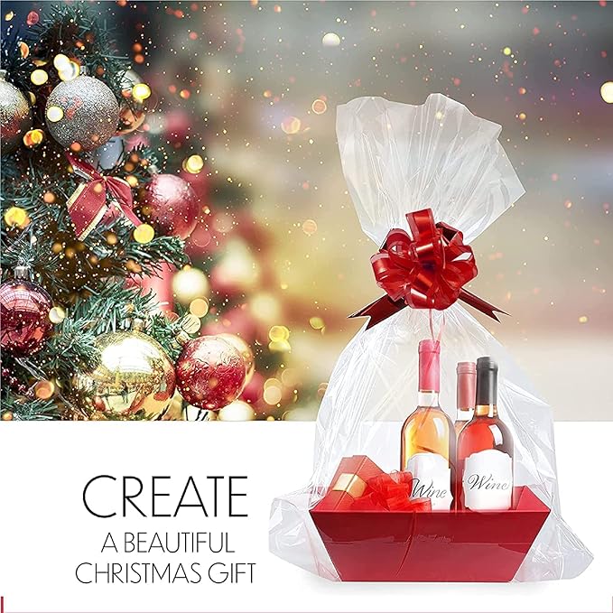 Upper Midland Products [5PK Large Red Baskets For Gifts Empty To Fill| Bulk Gift Basket Kit- 10x12' Big Basket | 5 Cellophane Bags | 5 Pack Red Pull Bows