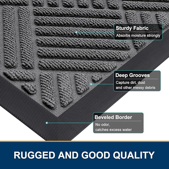 Smiry Front Door Mat Outside Entrance, Heavy Duty Outdoor Indoor Natural Rubber Doormat, Non Slip, Trap Dirt and Moisture, Easy Clean, Low Profile Patio Porch Entryway Mat, 35x23, Grey