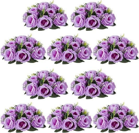 NUPTIO Artificial Flower Centrepieces for Tables - 10 Pcs Lilac Fake Flowers Roses Balls 9.5in Diameter - Silk Faux Rose Arrangement for Wedding Party Centerpiece Table Decor