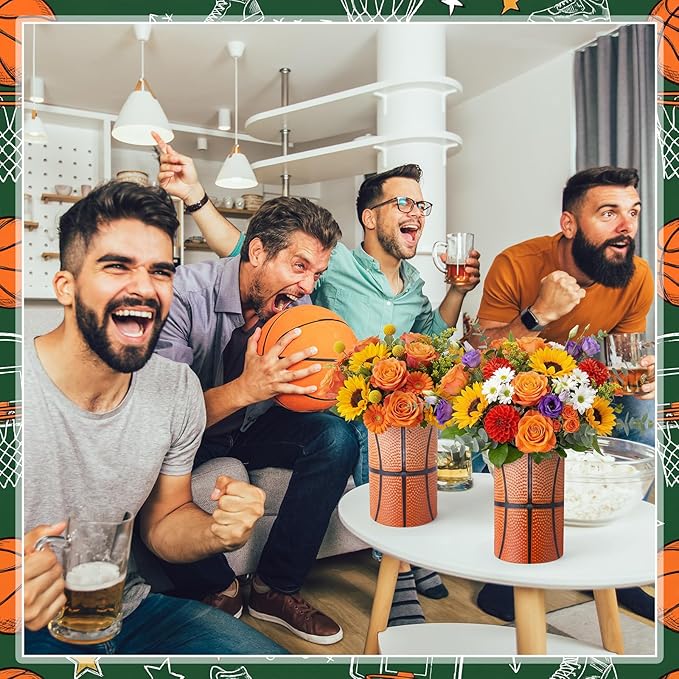6 Set 5 Inch Basketball Vase Table Centerpiece Sports Style Round Basketball Runner Flower Box with Paper Removable Foam Vase for Home Artificial Flower Utensil Holder Kitchen Party Decor