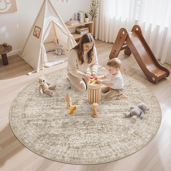 Soalmost 5x5 Brown Round Rug 5ft Living Room Circle Rug Vintage Round Area Rug Non Slip Indoor Carpet for Entryway Dining Room Bedroom