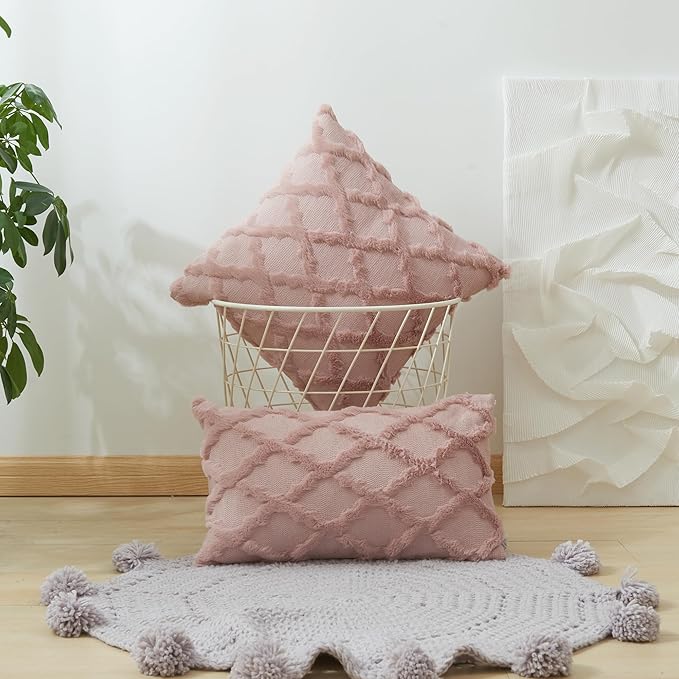 EMMTEEY Boho 18X18 Throw Pillow Covers Set of 2 - Single-Side Fluffy Stripe Stitching Embroidery, Wrinkle Resistant Pillow Case for Couch/Living Room/Bedroom Décor, Pink