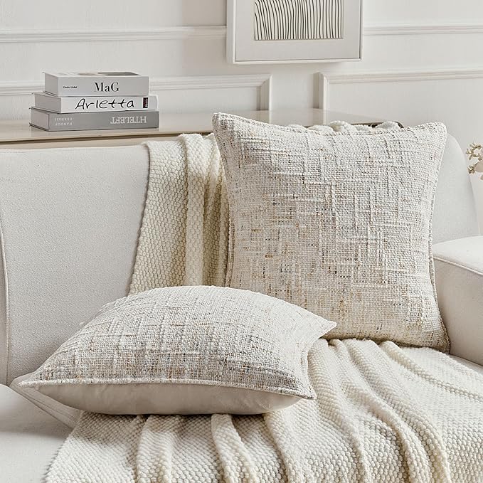 FUTEI Cream Decorative Throw Pillow Covers 18x18 Inch Set of 2,Soft Chenille Tweed Textured Cushion Case,Modern Home Decor for Couch Bed Living Room