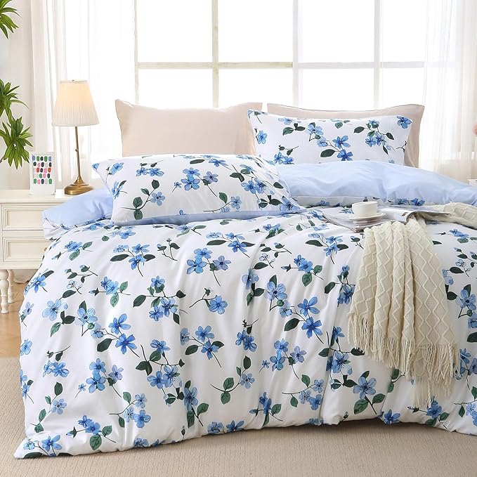 Duvet Cover King Size, Reversible Floral Vintage Duvet Cover Set with Zipper Closure, 3 Pieces Botanical Patterns Soft Microfiber Bedding Set (90"x104", 2 Pillow Cases 20"×36", Large Blue Flower)