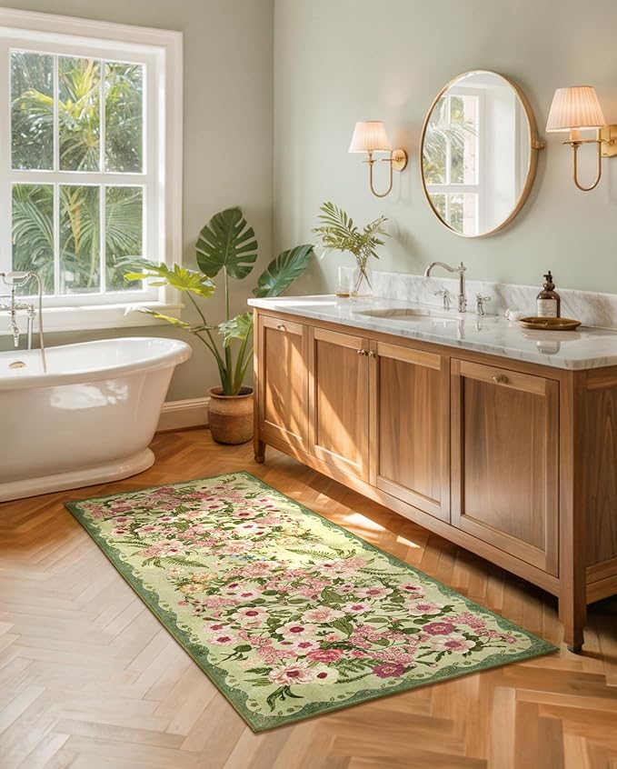 AREAMAY Floral Runner Rug 2x6 - Washable Vintage Bedroom Runner Rug Low Pile Non-Slip Carpet for Entryway Hallway, Laundry, Bathroom, Kitchen - Soft, Stain Resistant Indoor Area Rug - Green