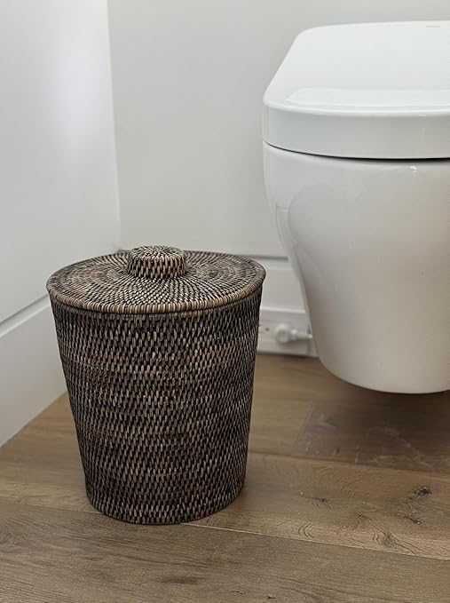 Kouboo La Jolla Rattan Round Waste Basket with Lid & Plastic Insert Black Wash